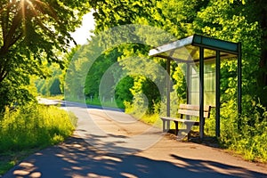 quiet rural bus stop with surrounding nature