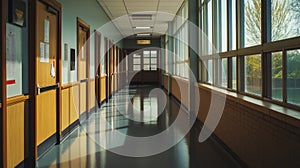 A quiet school corridor with a few classroom doors on one side and a row of windows on the other, capturing the early