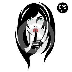 Quiet. Stock vector Woman with black hair, green eyes and red lips