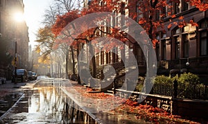 Quiet street at dusk in autumn