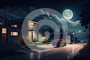 a quiet street, with the exterior of a modern house at night, and the moon in the sky