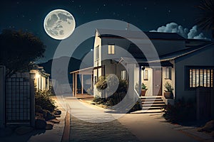 a quiet street, with the exterior of a modern house at night, and the moon in the sky