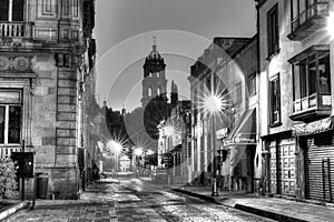 Downtown streets of San Luis Potosi at Sunrise in monochrome