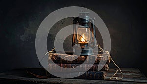 Vintage Lantern Illuminates a Stack of Old Books