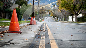 Quiet suburban street with bright orange traffic cones and empty road. Road safety, suburban lifestyle, and roadway