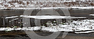 Quiet transparent river with spots of white snow on the shore