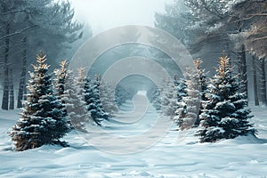 Quiet winter scene of snow-covered pine forest