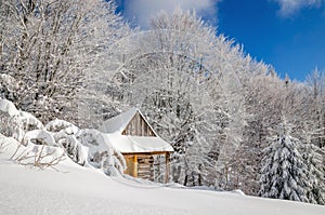 Quiet wooden mountain cabin in winter