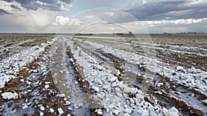 The quietness after a hailstorm seems almost surreal as shards of ice litter the ground and ruined crops lay in disarray photo
