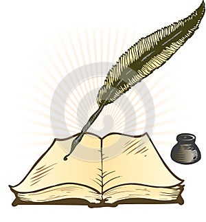 Quill Ink Pot and Open Book Vector Illustration