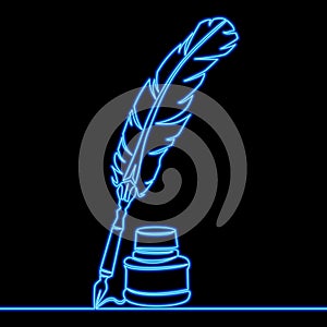 Quill, inkwell feather pen Elements of Law and Justice isolated icon neon vector illustration concept