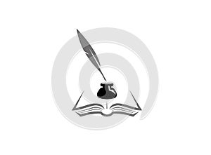 Quill inside an inkwell in the papers on an open book, Feder und Buch mit Tintenfass for logo