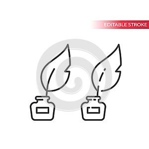 Quill pen with ink well line vector icon. Bird feather with ink stand.