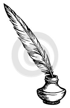 Quill pen in inkpot. Vector sketch photo