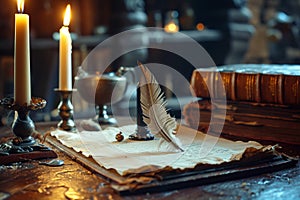 Quill and vintage writing table with candles, World Poetry Day
