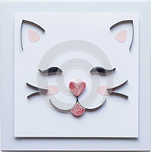 quilling card with cute cat face with heart nose. Little kitty. Love pets. paper quilling technique