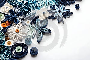 Quilling, paper craft, abstract background, blue. White background. With Generative AI tehnology