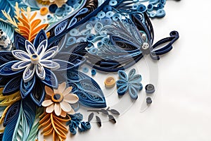Quilling, paper craft, abstract background, blue. White background. With Generative AI tehnology.