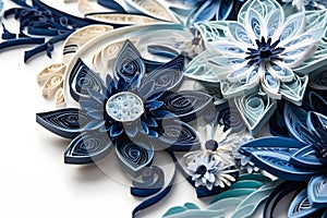 Quilling, paper craft, abstract background, blue. White background. With Generative AI tehnology.