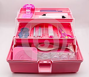 Quilling tool box isolated on white background. Barbie pink box quilling kit