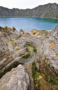 Quilotoa crater lake in the andes mountains of Ecuador