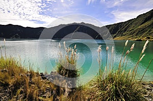 Quilotoa crater lake in the andes mountains of Ecuador