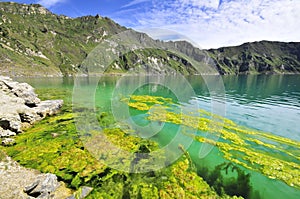 Quilotoa crater lake in the andes mountains of Ecuador