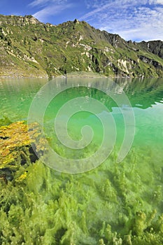 Quilotoa crater lake in the andes mountains of Ecuador