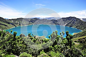 Quilotoa crater lake in the andes mountains of Ecuador