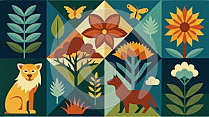 A quilt inspired by nature with images of animals trees and flowers incorporated into the design. Each animal represents photo