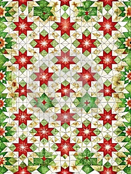The quilt pattern in red and green tones