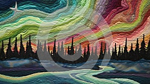 Quilted Aurora Borealis Landscape: A Textured And Colorful Woodcarving-inspired Artwork
