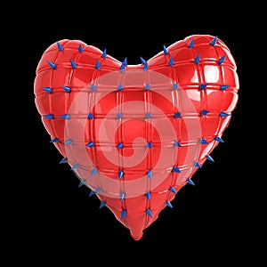 quilted heart with silver, kinky metal, steel spikes on surface, isolated black background rendering. BDSM style valentine.