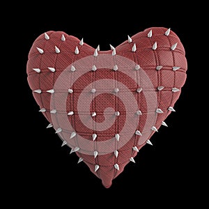 quilted heart with silver, kinky metal, steel spikes on surface, isolated black background rendering. BDSM style valentine.