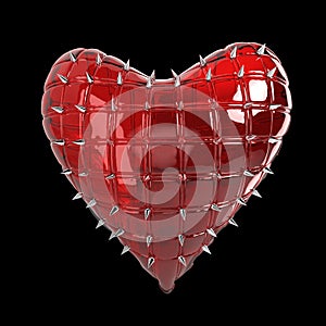 quilted heart with silver, kinky metal, steel spikes on surface, isolated black background rendering. BDSM style valentine.