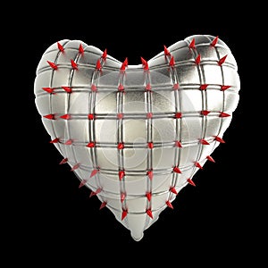 quilted heart with silver, kinky metal, steel spikes on surface, isolated black background rendering. BDSM style valentine.