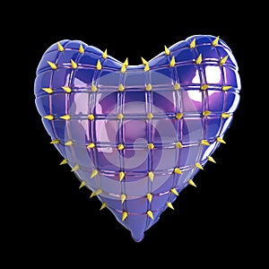 quilted heart with silver, kinky metal, steel spikes on surface, isolated black background rendering. BDSM style valentine.