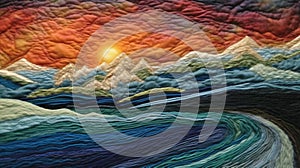 Quilted Mountains And Sunset In Tumblewave Style: Soothing Landscapes