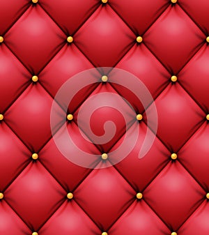 Quilted Pattern Vector. Red Leather Upholstery Background For A Luxury Decoration. Seamless