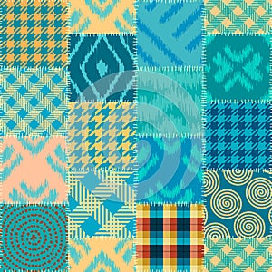 Quilting design patchwork pattern with teal colors. Vector pattern.