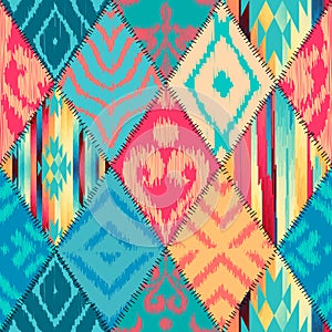 Quilting design patchwork pattern. Traditional ikat fabric style. Vector seamless pattern.