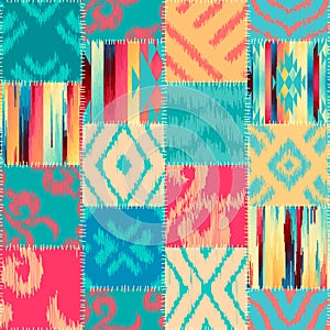 Quilting design patchwork pattern in traditional ikat style. Vector pattern.