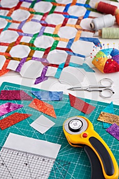 Quilting and sewing accessories, fragment and detailes of quilt
