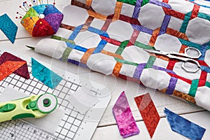 Quilting and sewing accessories, fragment and details of quilt