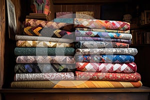 quilts folded and stacked on a wooden shelf