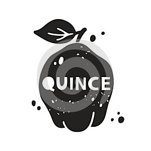 Quince grunge sticker. Black texture silhouette with lettering inside. Imitation of stamp, print with scuffs