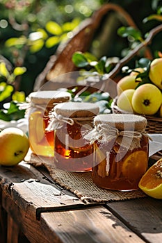 Quince jam in a jar. Selective focus.
