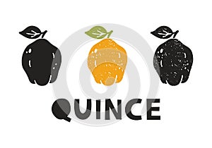Quince, silhouette icons set with lettering. Imitation of stamp, print with scuffs. Simple black shape and color vector
