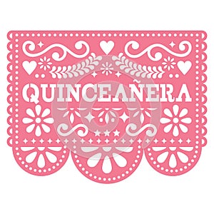 Quinceanera Papel Picado design - Mexican folk art birthday party design, paper decoration with floral pattern photo