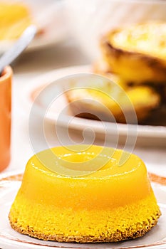 quindim or Brisa do Lis, typical sweet from Brazil and Portugal, made with egg yolks, almonds or grated coconut